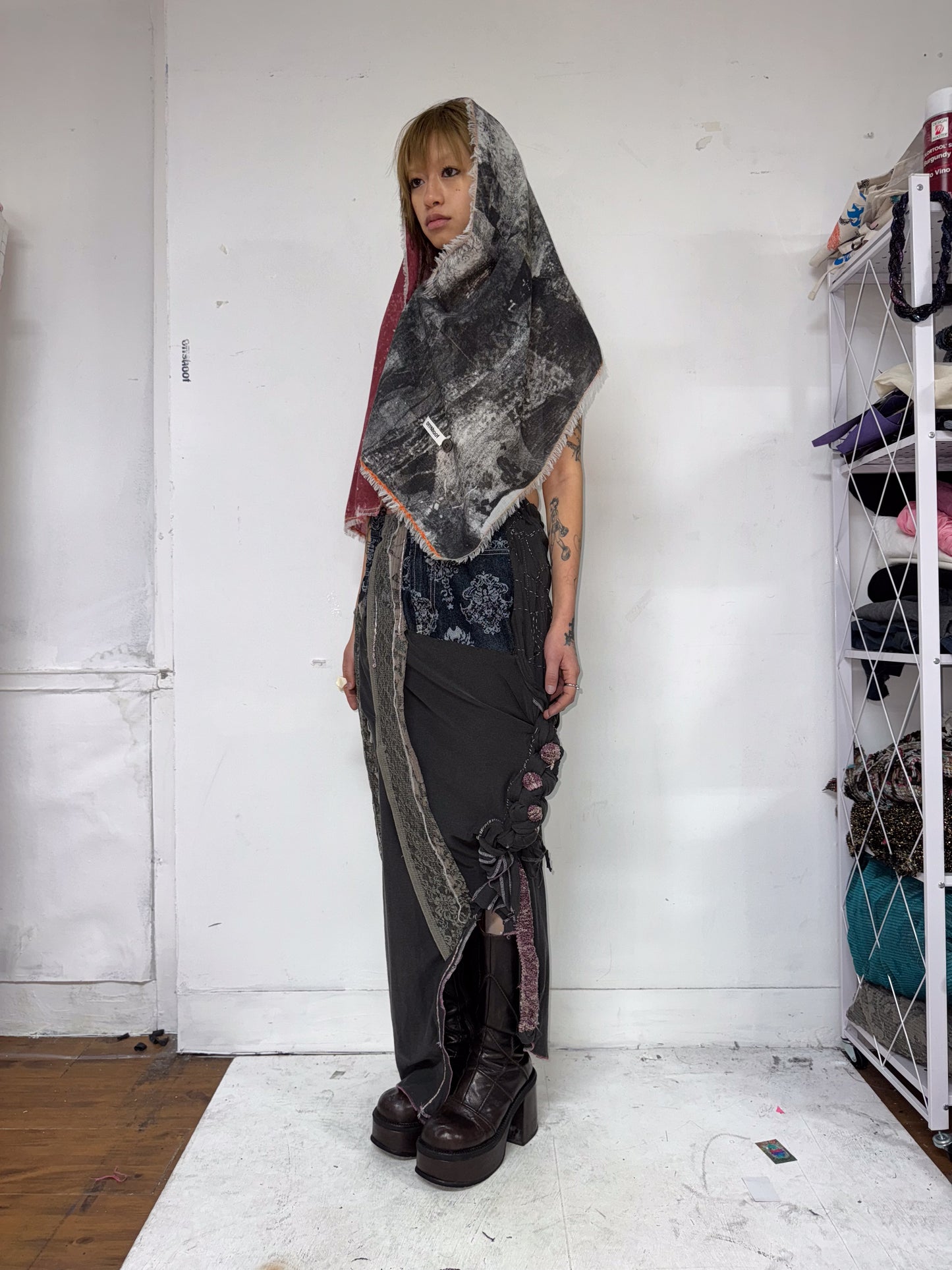 Multi ways screen-print wool silk scarf